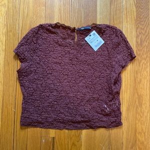 Burgundy Zara Short Sleeve Lace Shirt NWT Size XL